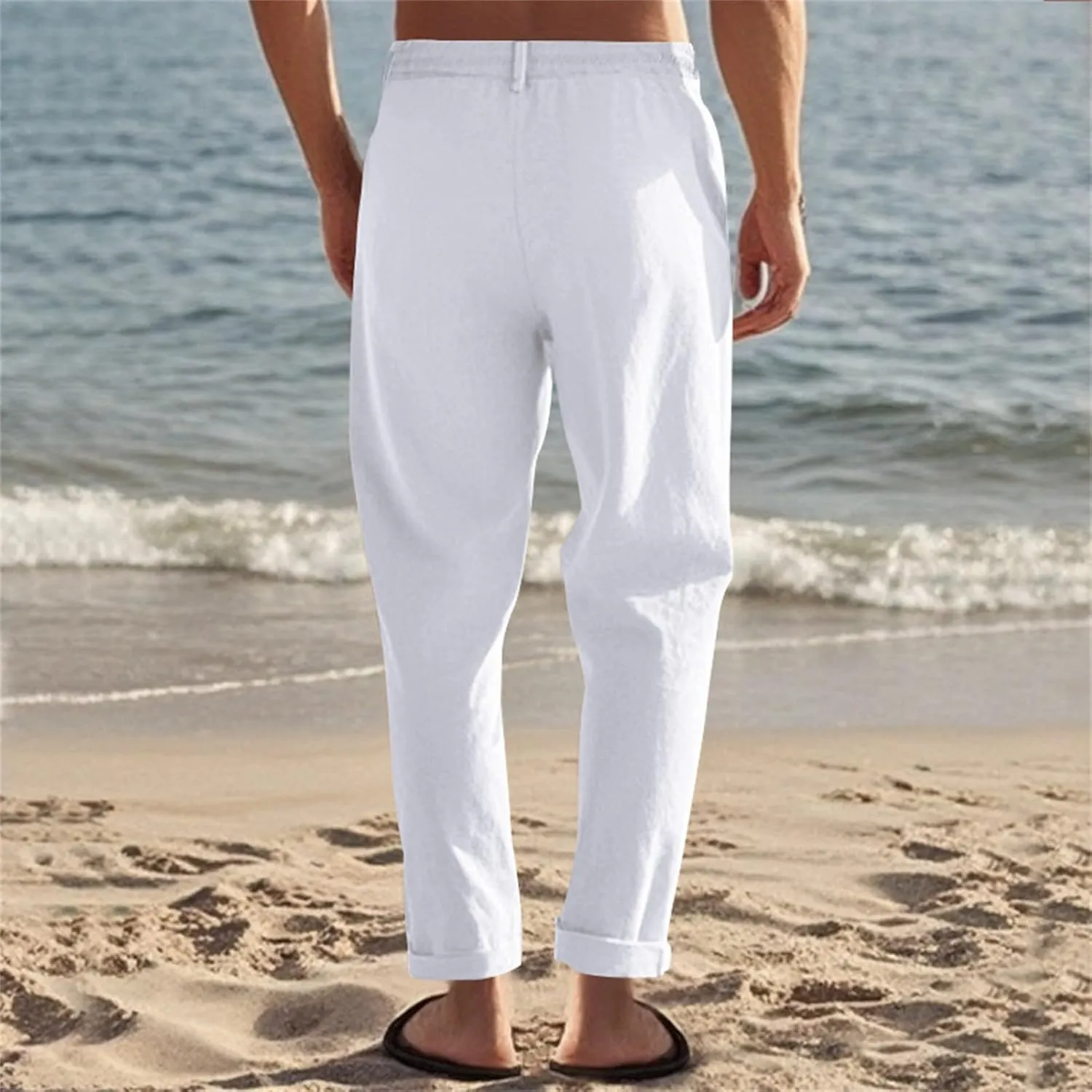 Men's Cotton Linen Pants Drawstring Elastic Waist Lightweight Casual Dressy Pants Slim Yoga Beach Pants with Pockets