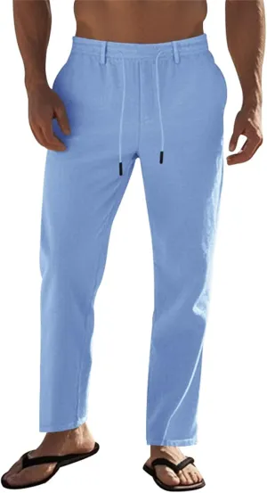 Men's Cotton Linen Pants Drawstring Elastic Waist Lightweight Casual Dressy Pants Slim Yoga Beach Pants with Pockets