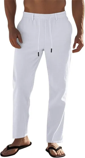 Men's Cotton Linen Pants Drawstring Elastic Waist Lightweight Casual Dressy Pants Slim Yoga Beach Pants with Pockets