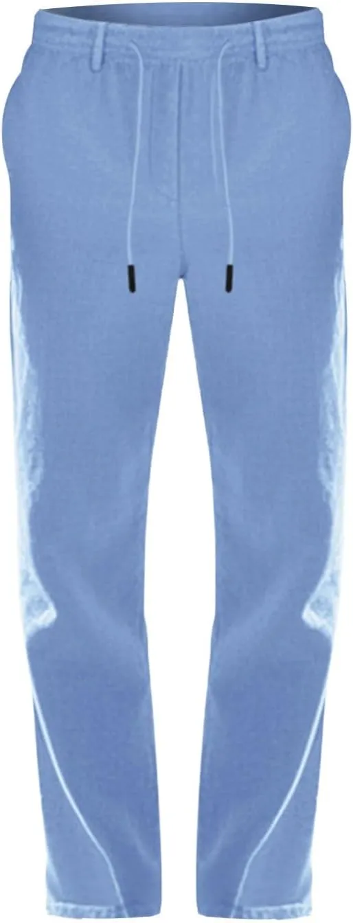 Men's Cotton Linen Pants Drawstring Elastic Waist Lightweight Casual Dressy Pants Slim Yoga Beach Pants with Pockets