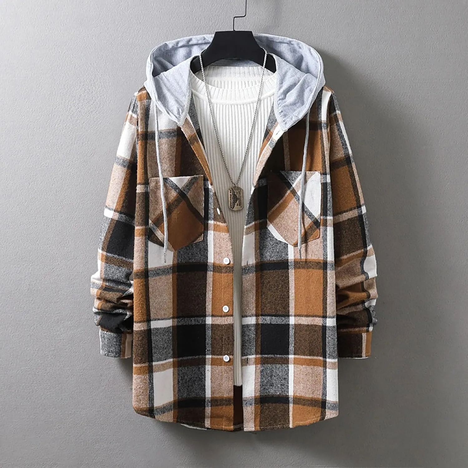 Mens Flannel Shirts Long Sleeve Plaid Lightweight Hooded Flannel Shirt Jacket Casual Button Down Fall Shacket