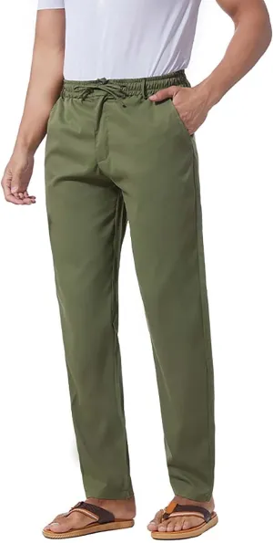 Mens Flat Front Linen Cotton Pants Casual Loose Beach Yoga Lounge Pants Elastic Waist Straight Leg Chino Trousers