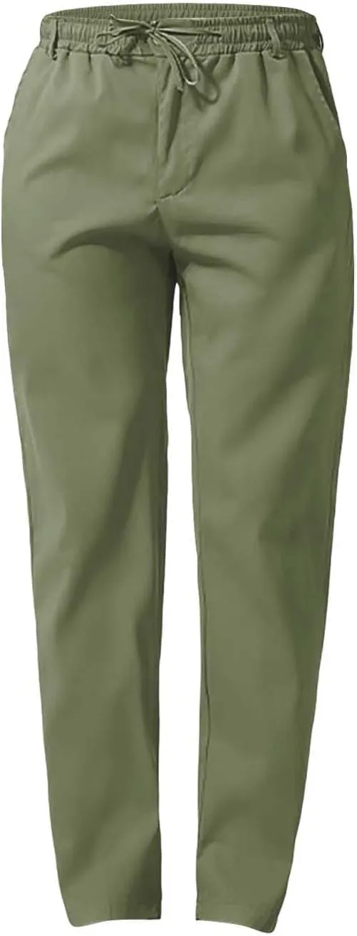 Mens Flat Front Linen Cotton Pants Casual Loose Beach Yoga Lounge Pants Elastic Waist Straight Leg Chino Trousers