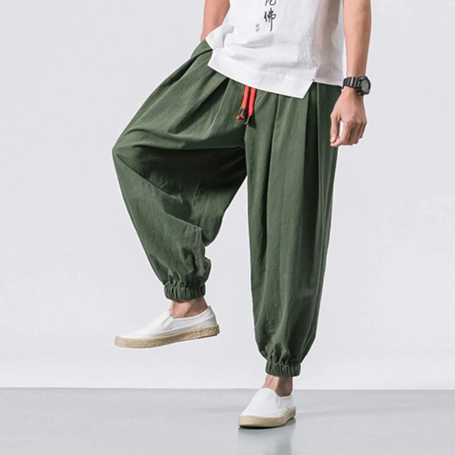 Mens Japanese Harem Pants Baggy Linen Jogger Elastic Waist Pants Drawstring Lightweight Hippie Summer Beach Trousers