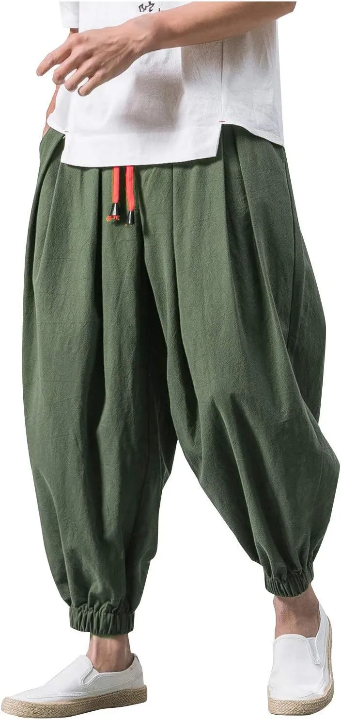 Mens Japanese Harem Pants Baggy Linen Jogger Elastic Waist Pants Drawstring Lightweight Hippie Summer Beach Trousers