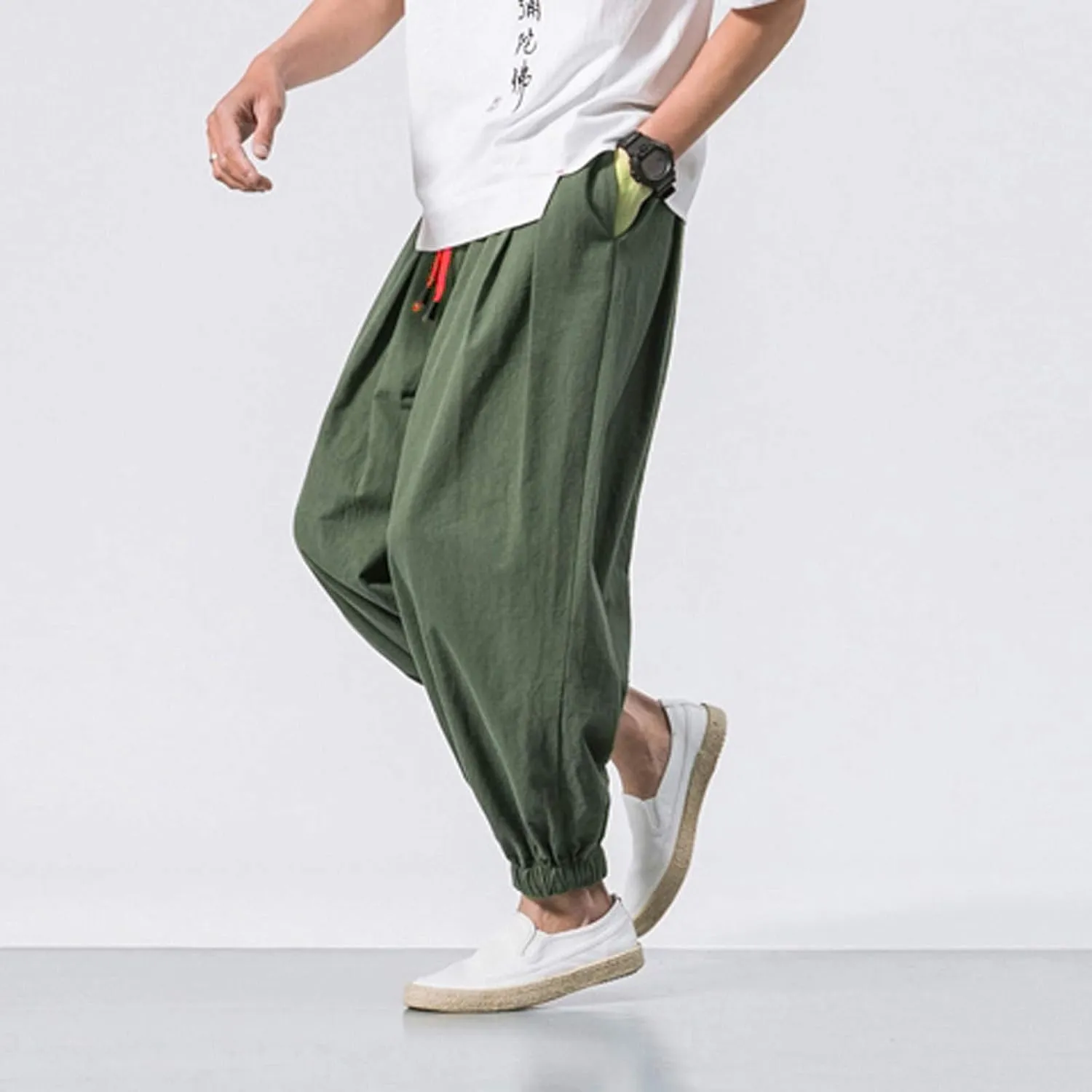 Mens Japanese Harem Pants Baggy Linen Jogger Elastic Waist Pants Drawstring Lightweight Hippie Summer Beach Trousers
