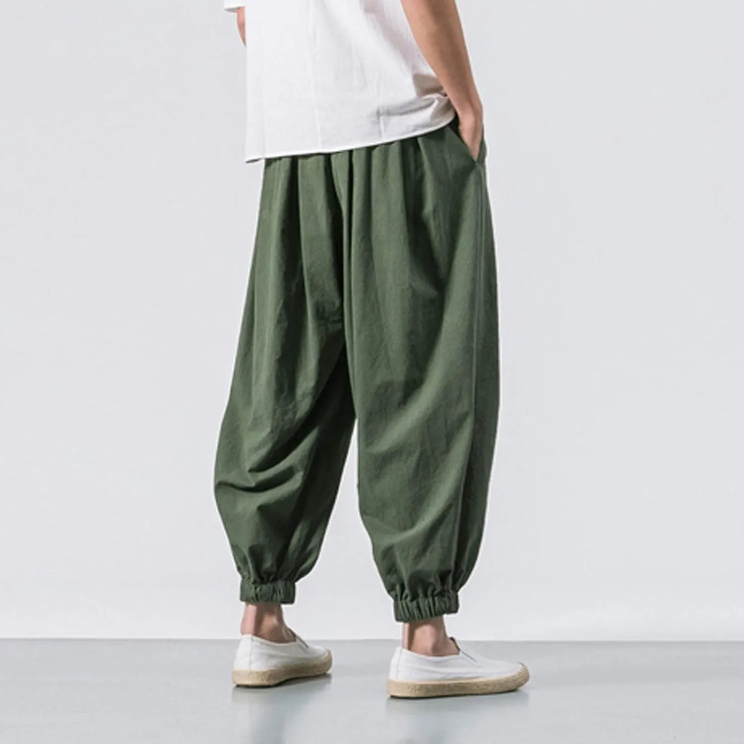 Mens Japanese Harem Pants Baggy Linen Jogger Elastic Waist Pants Drawstring Lightweight Hippie Summer Beach Trousers