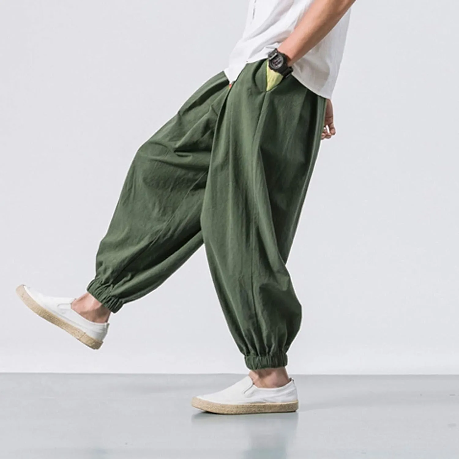 Mens Japanese Harem Pants Baggy Linen Jogger Elastic Waist Pants Drawstring Lightweight Hippie Summer Beach Trousers