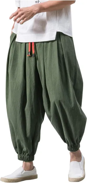 Mens Japanese Harem Pants Baggy Linen Jogger Elastic Waist Pants Drawstring Lightweight Hippie Summer Beach Trousers