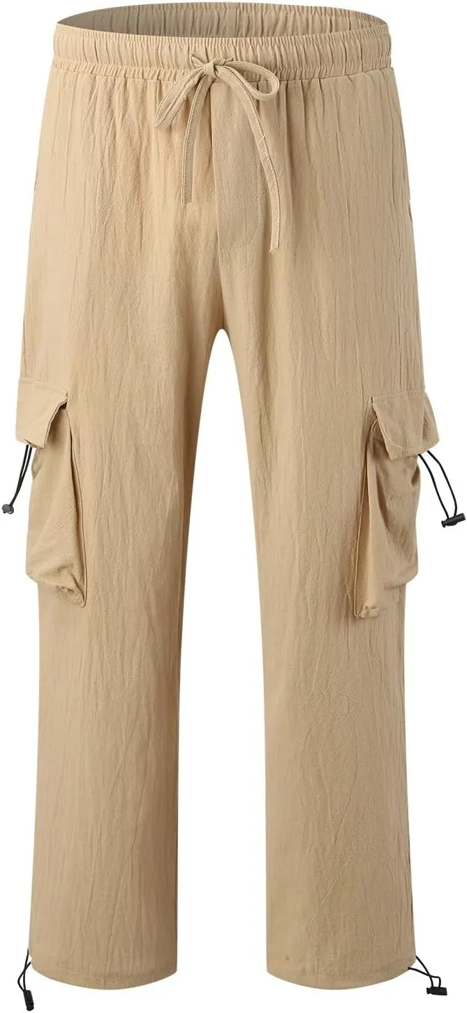 Mens Linen Cargo Pants Baggy Lightweight Elastic Waist Drawstring Casual Trousers Summer Beach Yoga Pants with Pocket