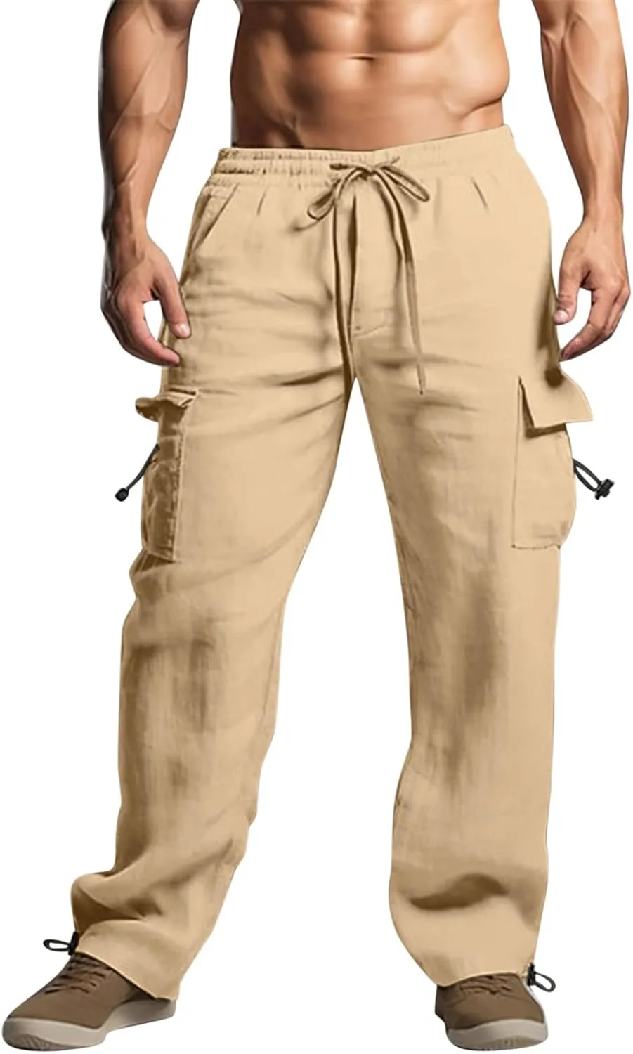 Mens Linen Cargo Pants Baggy Lightweight Elastic Waist Drawstring Casual Trousers Summer Beach Yoga Pants with Pocket