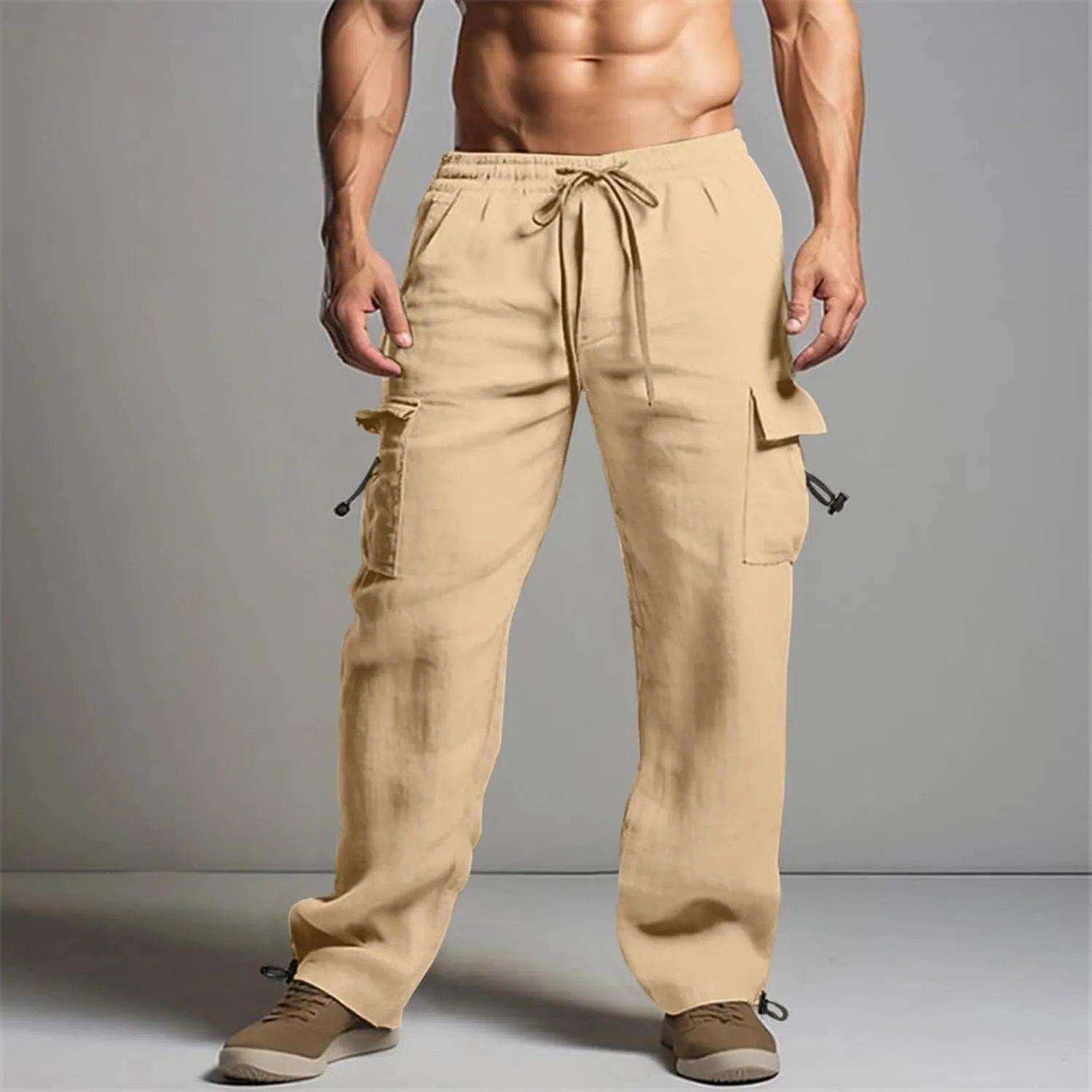 Mens Linen Cargo Pants Baggy Lightweight Elastic Waist Drawstring Casual Trousers Summer Beach Yoga Pants with Pocket
