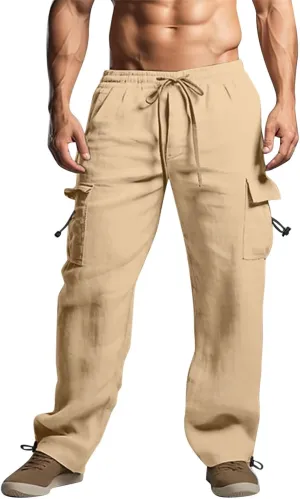 Mens Linen Cargo Pants Baggy Lightweight Elastic Waist Drawstring Casual Trousers Summer Beach Yoga Pants with Pocket