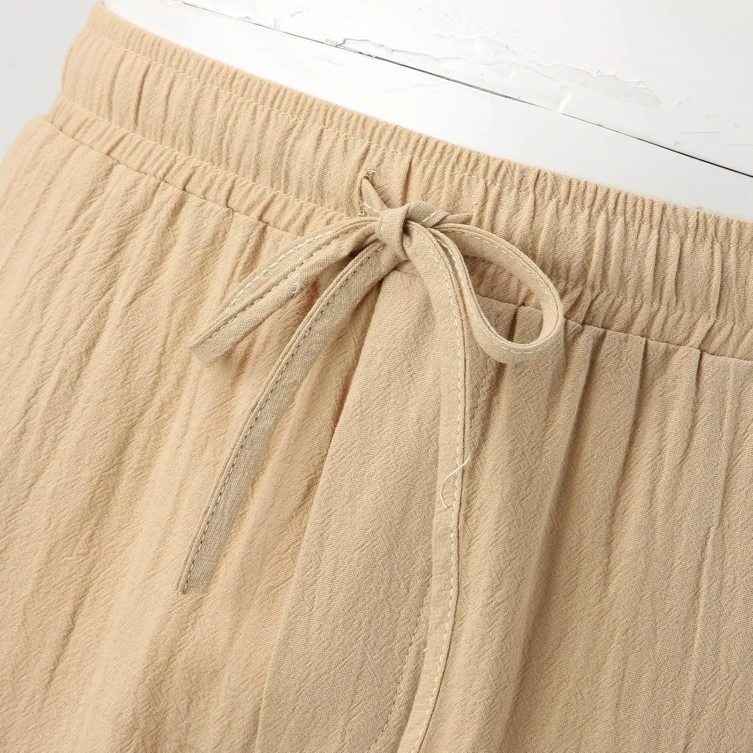 Mens Linen Cargo Pants Baggy Lightweight Elastic Waist Drawstring Casual Trousers Summer Beach Yoga Pants with Pocket