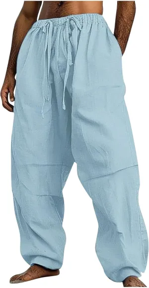 Mens Linen Harem Drawstring Pants Casual Elastic Waist Lightweight Trouser Hippie Loose Wide Leg Pants with Pocket