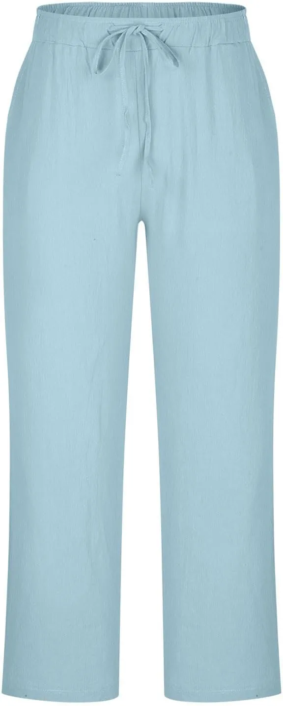 Mens Linen Harem Drawstring Pants Casual Elastic Waist Lightweight Trouser Hippie Loose Wide Leg Pants with Pocket
