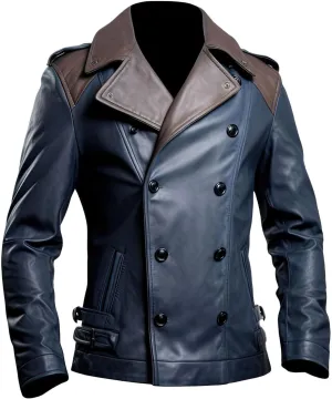 Men’s Navy Blue Brown Genuine Sheepskin Leather Trench Coat, Notch Lapel Collar, Double Breasted, Classy Smooth Casual Wear