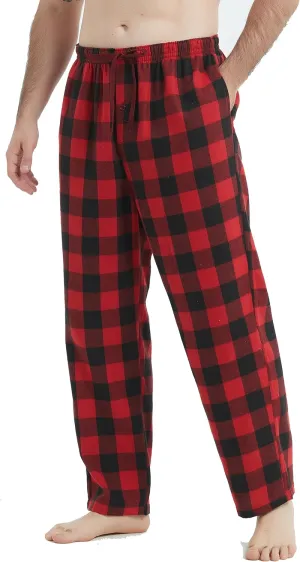 Mens Pajama Pants Flannel Cotton Plaid Sleep & Lounge Pants, PJ Bottoms with Pockets and Button Fly