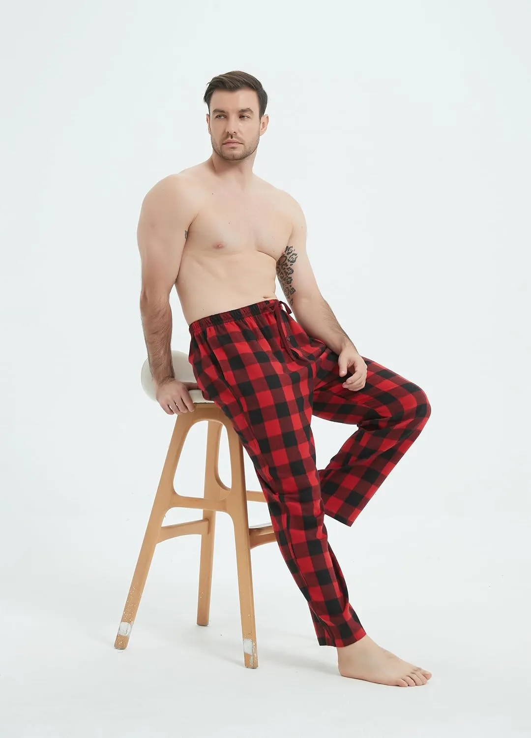 Mens Pajama Pants Flannel Cotton Plaid Sleep & Lounge Pants, PJ Bottoms with Pockets and Button Fly