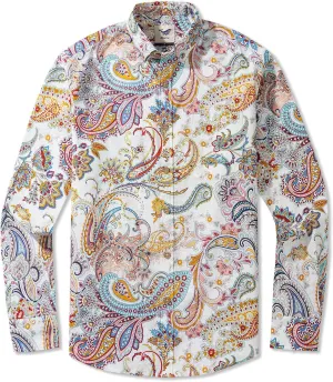 Mens Print Button Down Long Sleeve Shirt with Pocket Cotton Dress Shirt Vacation Casual Business