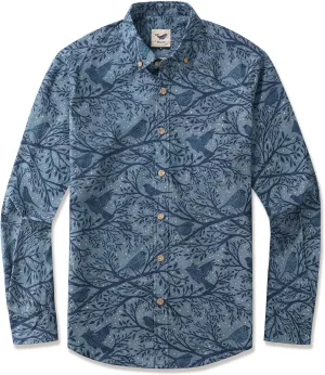 Mens Print Button Down Long Sleeve Shirt with Pocket Cotton Dress Shirt Vacation Casual Business