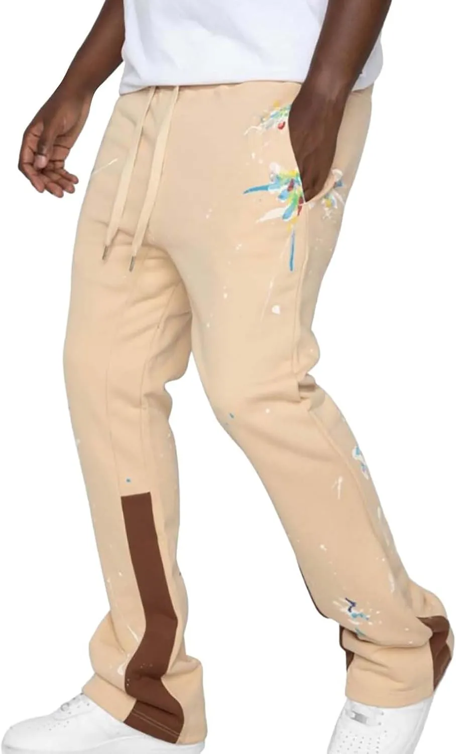 Mens Stacked Flared Jogger Sweatpants Patchwork Casual Y2K Wide Leg Track Pants Hippie Printed Bell Bottom Pants