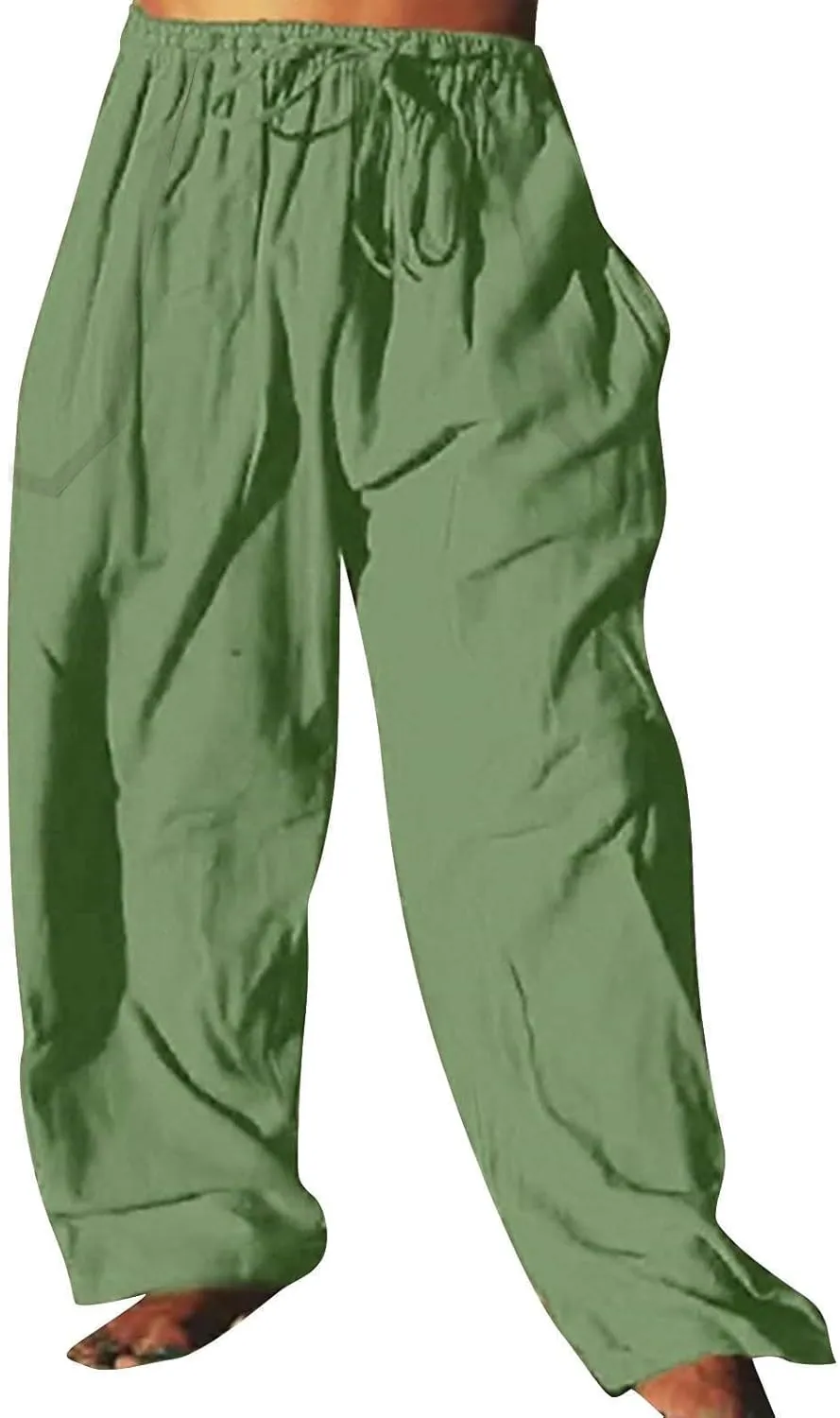 Mens Wide Leg Drawstring Pants Loose Linen Summer Beach Vacation Pants Lightweight Elastic Waist Yoga Lounge Trousers