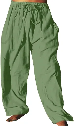 Mens Wide Leg Drawstring Pants Loose Linen Summer Beach Vacation Pants Lightweight Elastic Waist Yoga Lounge Trousers