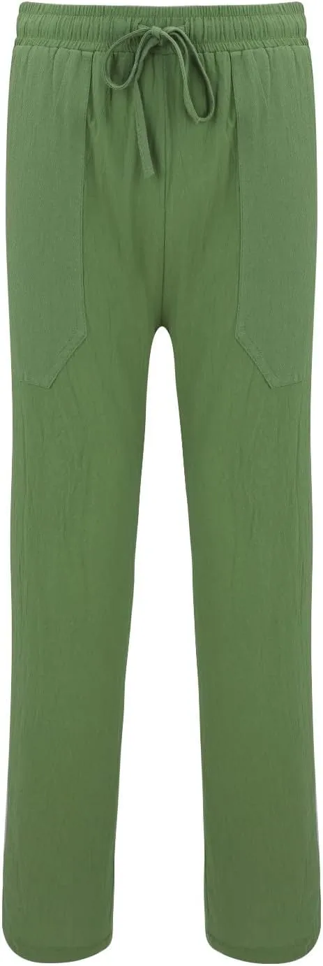Mens Wide Leg Drawstring Pants Loose Linen Summer Beach Vacation Pants Lightweight Elastic Waist Yoga Lounge Trousers