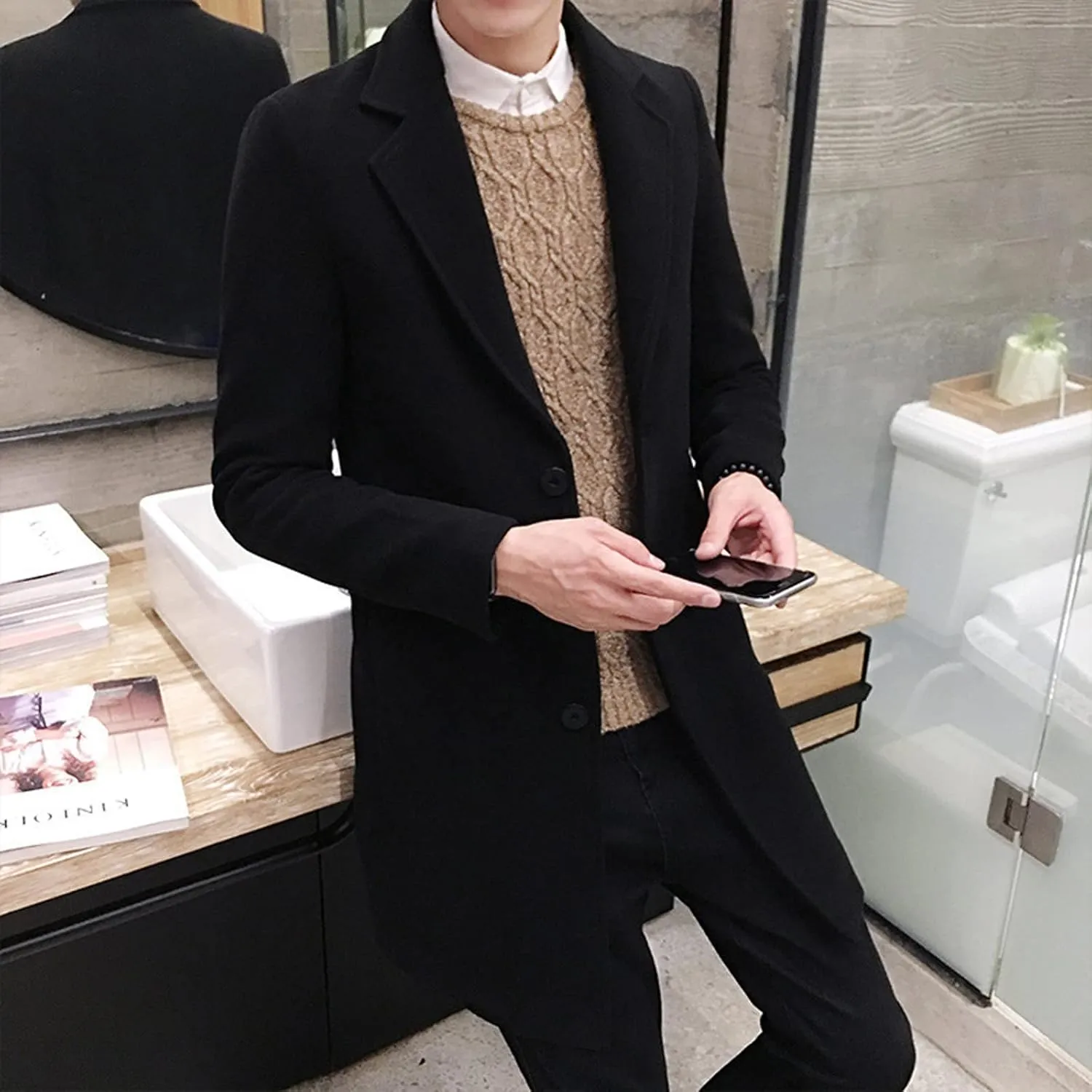 Mens Wool Blend Trench Coat Slim Fit Notched Collar Long Jacket Winter Overcoat Single Breasted Pea Coat wih Pockets