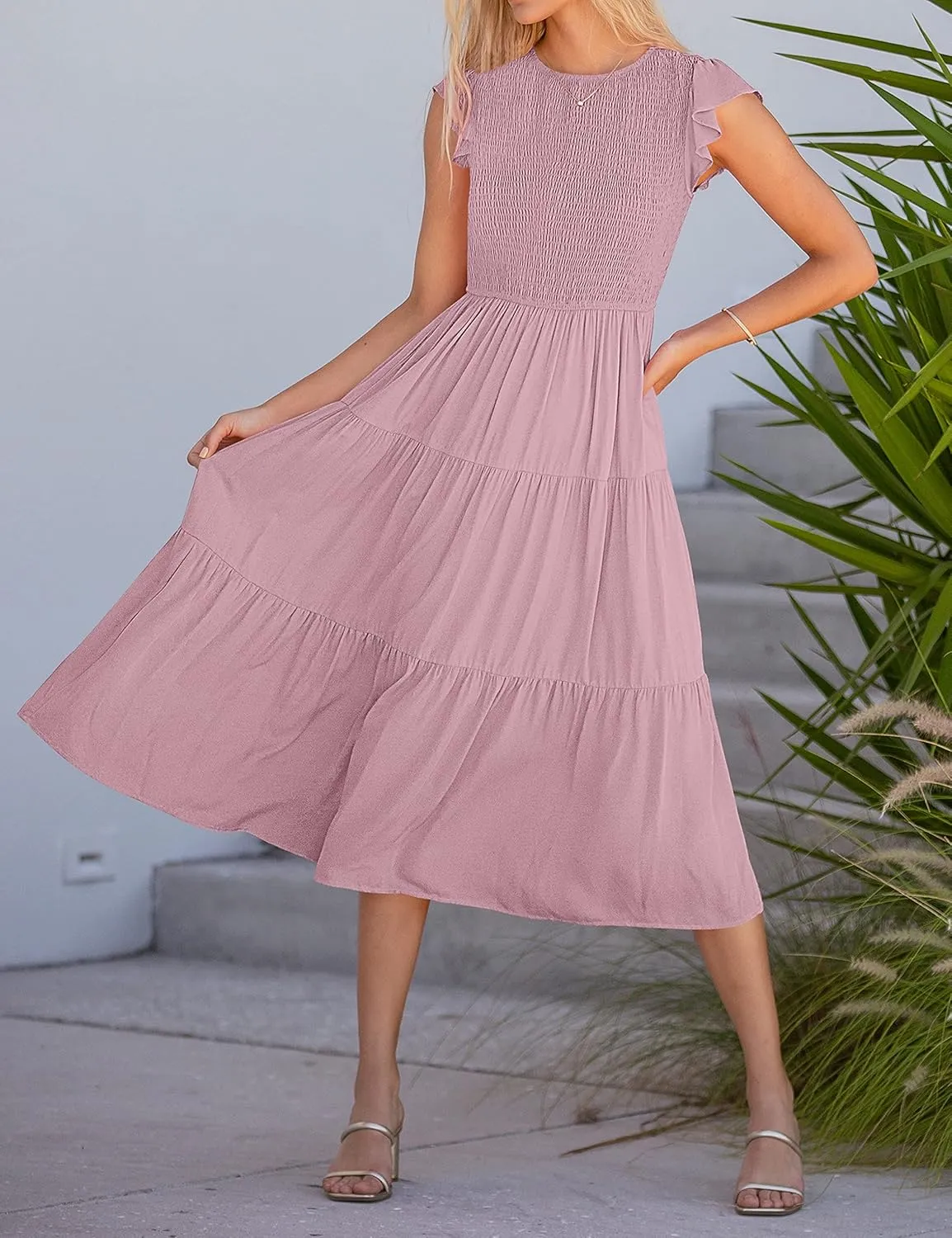 MEROKEETY Women's Flutter Short Sleeve Smocked Midi Dress Summer Casual Tiered A-Line Dress