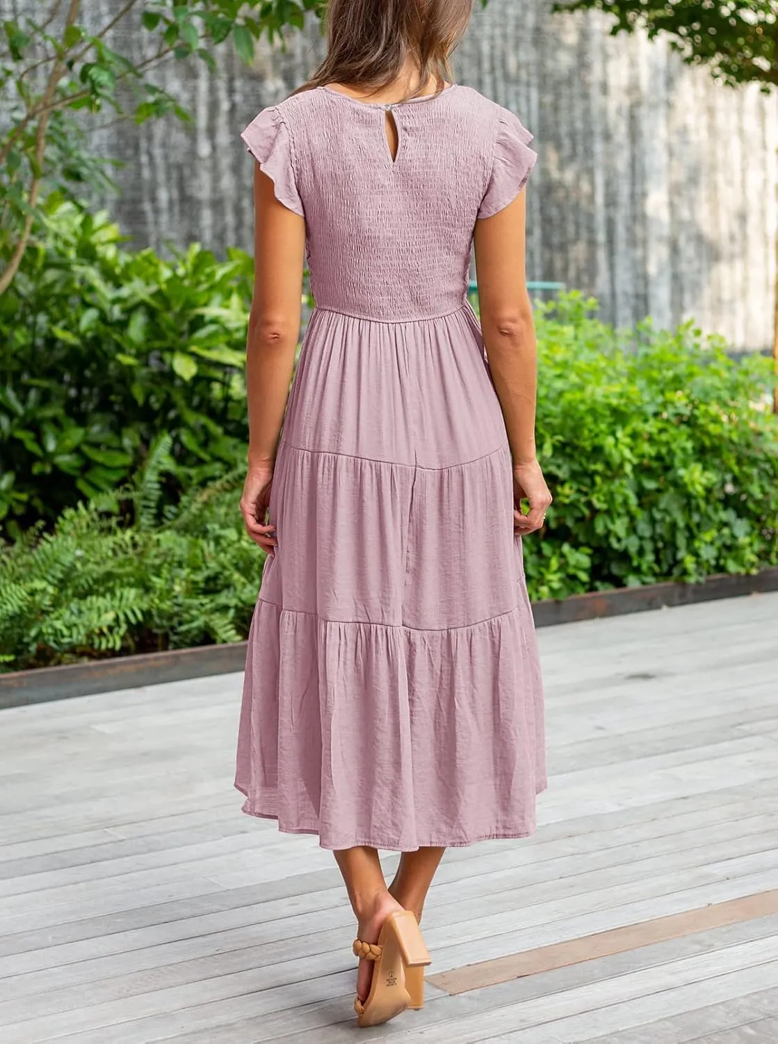 MEROKEETY Women's Flutter Short Sleeve Smocked Midi Dress Summer Casual Tiered A-Line Dress