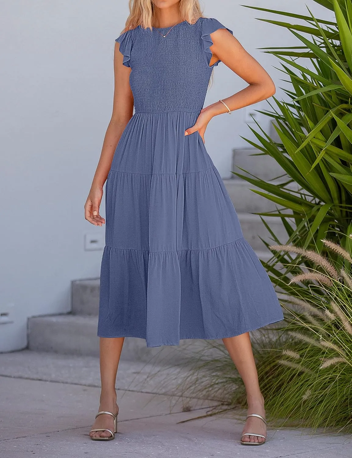 MEROKEETY Women's Flutter Short Sleeve Smocked Midi Dress Summer Casual Tiered A-Line Dress