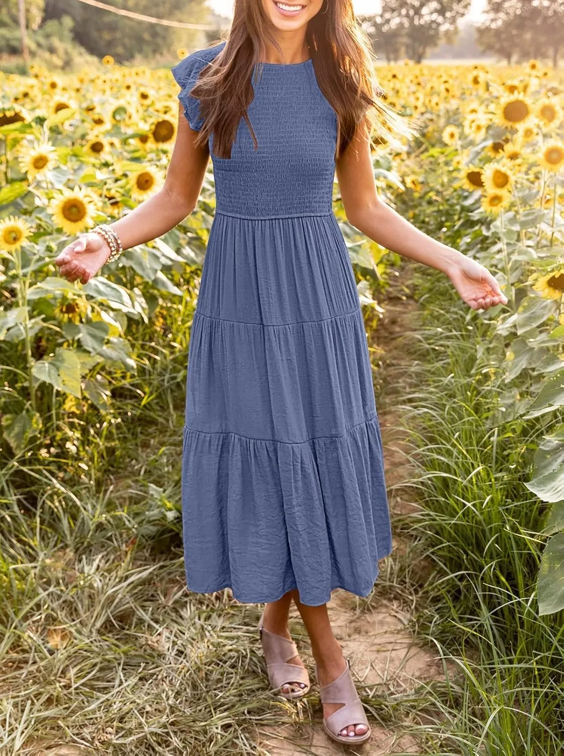 MEROKEETY Women's Flutter Short Sleeve Smocked Midi Dress Summer Casual Tiered A-Line Dress