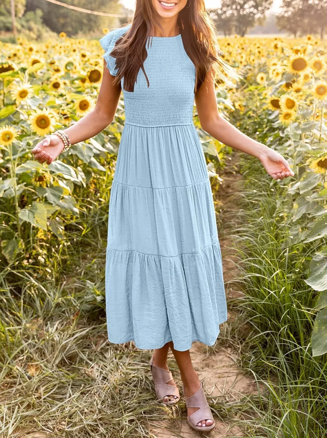 MEROKEETY Women's Flutter Short Sleeve Smocked Midi Dress Summer Casual Tiered A-Line Dress