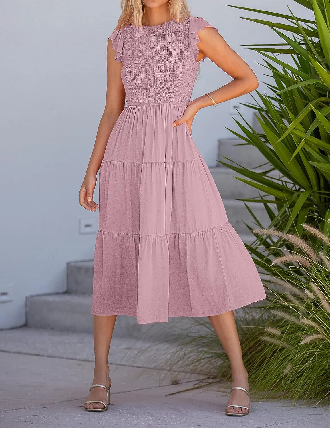 MEROKEETY Women's Flutter Short Sleeve Smocked Midi Dress Summer Casual Tiered A-Line Dress