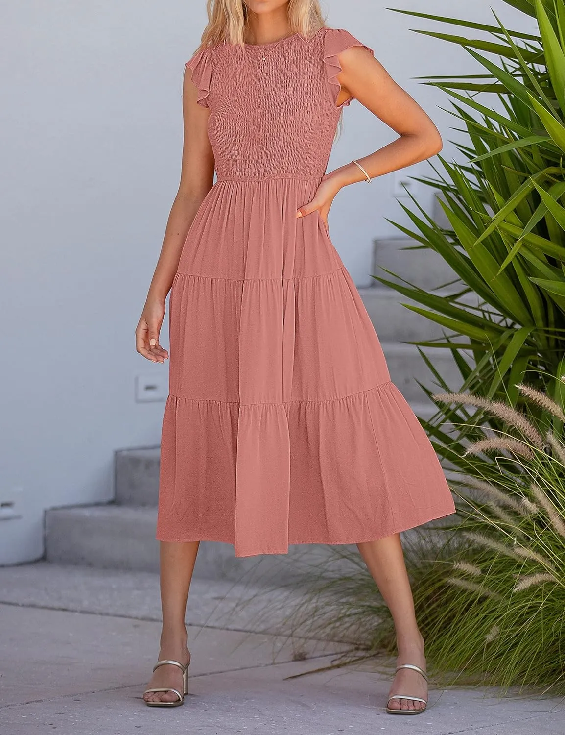 MEROKEETY Women's Flutter Short Sleeve Smocked Midi Dress Summer Casual Tiered A-Line Dress