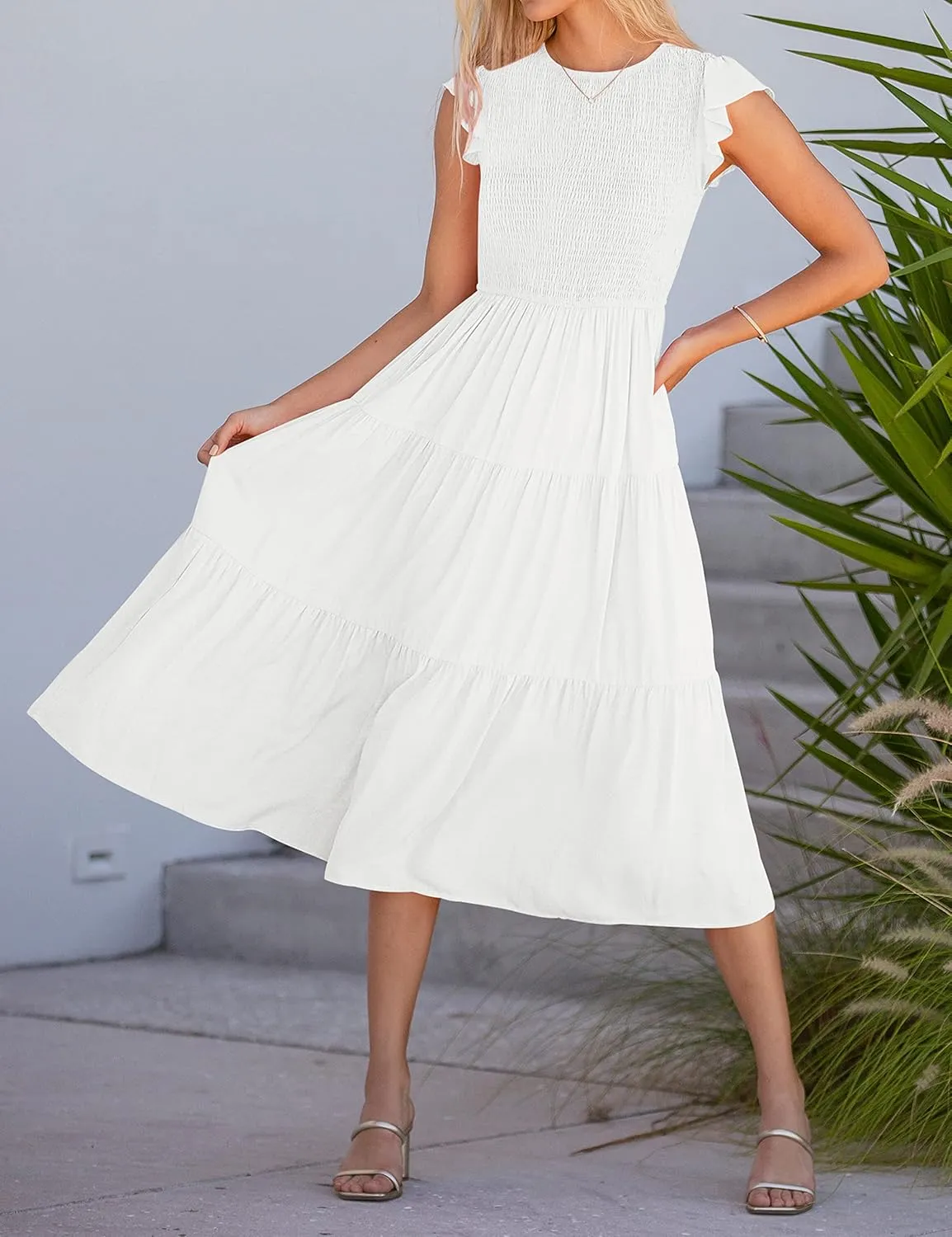 MEROKEETY Women's Flutter Short Sleeve Smocked Midi Dress Summer Casual Tiered A-Line Dress