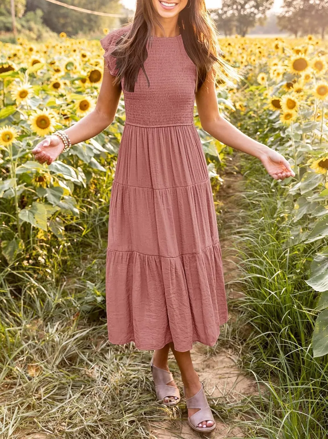 MEROKEETY Women's Flutter Short Sleeve Smocked Midi Dress Summer Casual Tiered A-Line Dress