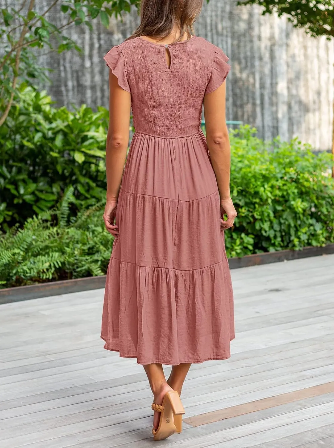 MEROKEETY Women's Flutter Short Sleeve Smocked Midi Dress Summer Casual Tiered A-Line Dress