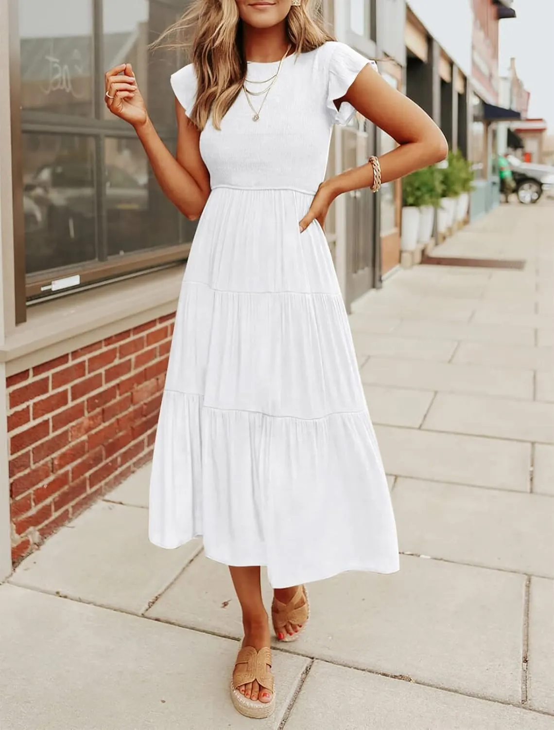 MEROKEETY Women's Flutter Short Sleeve Smocked Midi Dress Summer Casual Tiered A-Line Dress