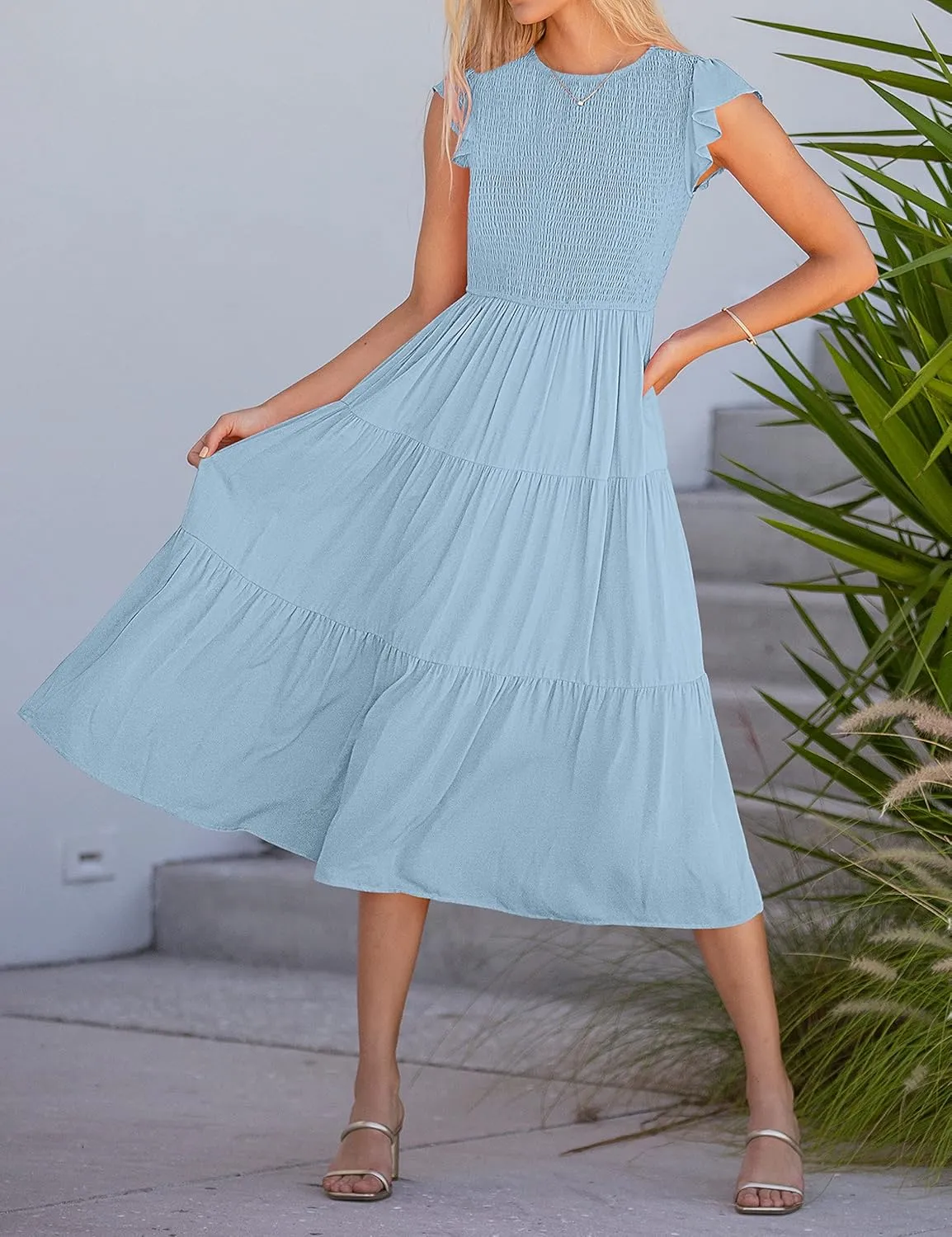 MEROKEETY Women's Flutter Short Sleeve Smocked Midi Dress Summer Casual Tiered A-Line Dress
