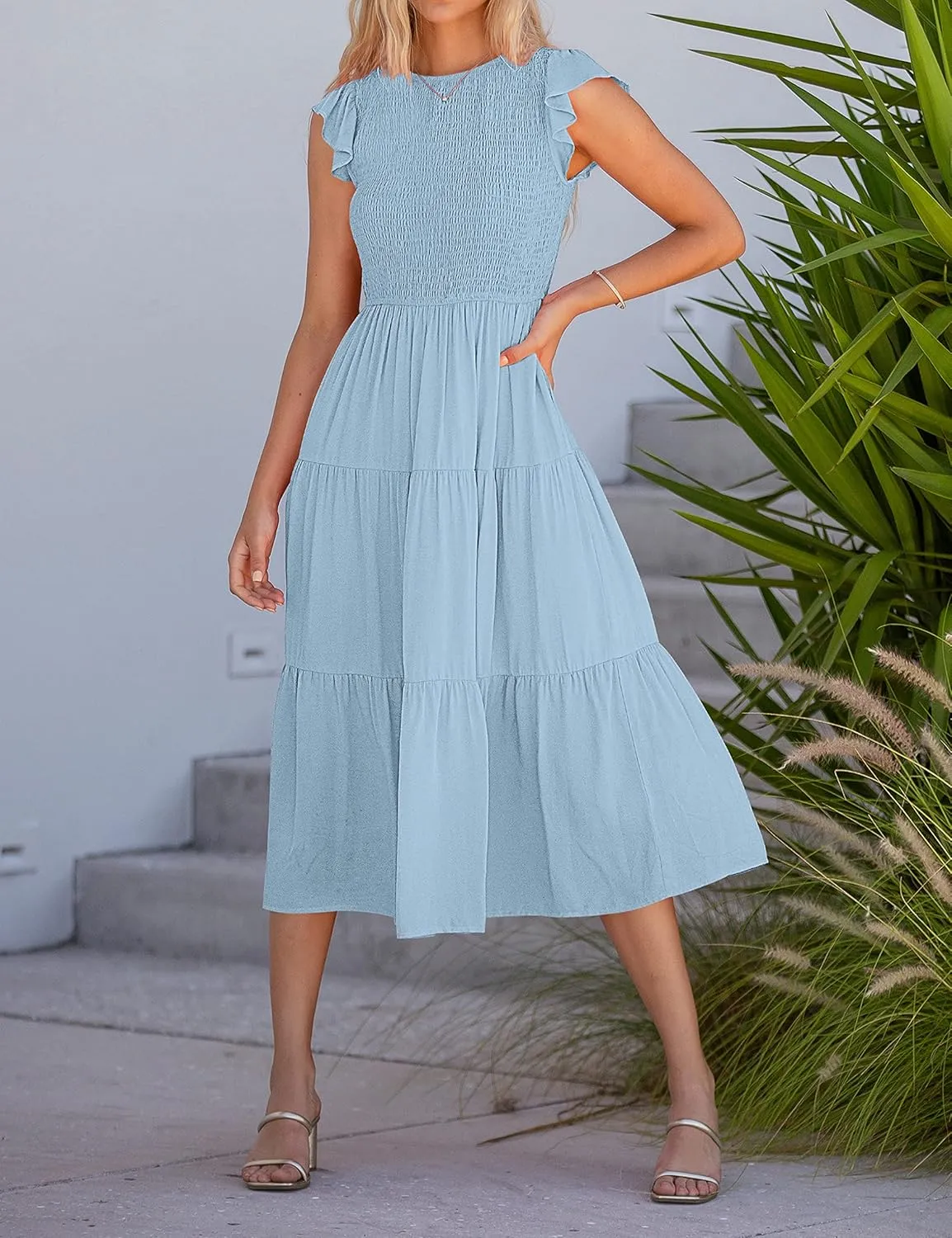 MEROKEETY Women's Flutter Short Sleeve Smocked Midi Dress Summer Casual Tiered A-Line Dress
