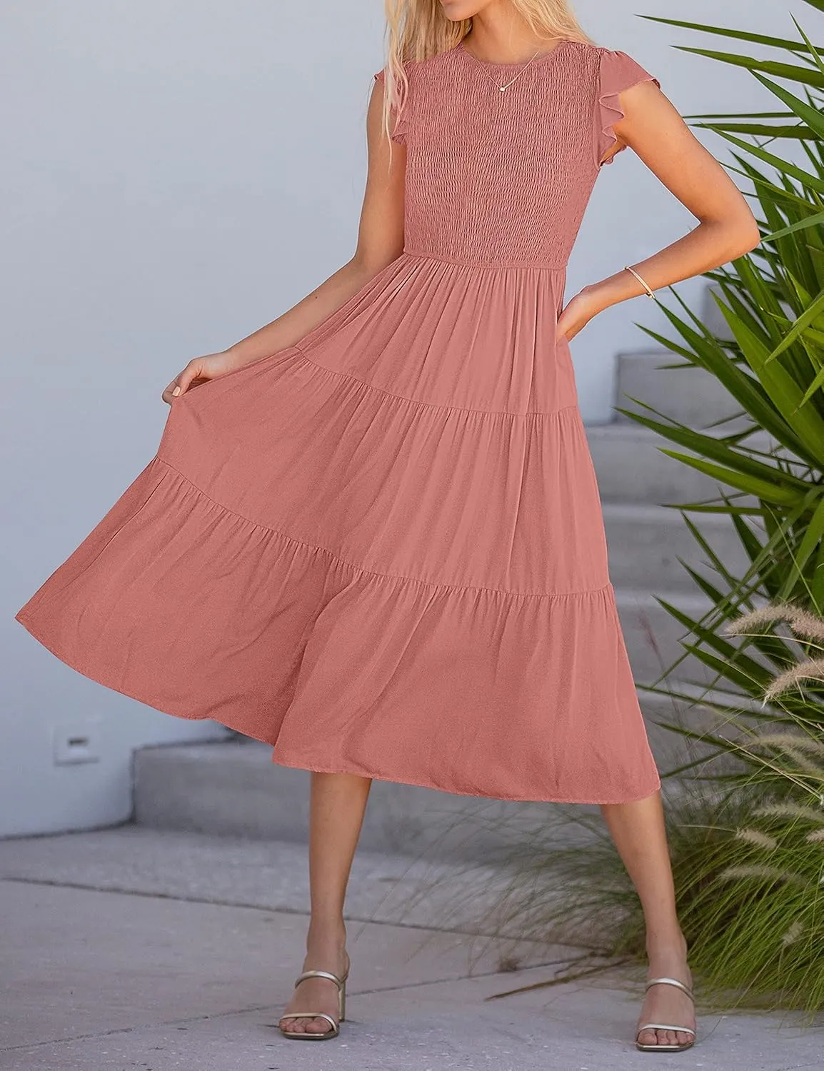 MEROKEETY Women's Flutter Short Sleeve Smocked Midi Dress Summer Casual Tiered A-Line Dress