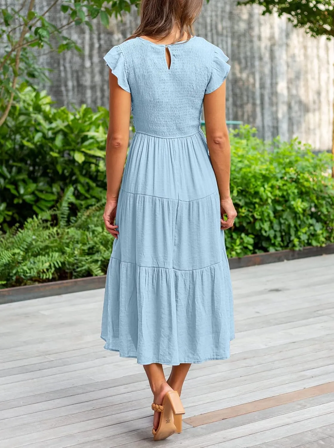 MEROKEETY Women's Flutter Short Sleeve Smocked Midi Dress Summer Casual Tiered A-Line Dress