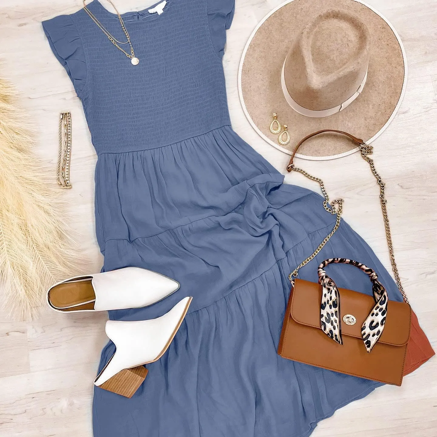 MEROKEETY Women's Flutter Short Sleeve Smocked Midi Dress Summer Casual Tiered A-Line Dress