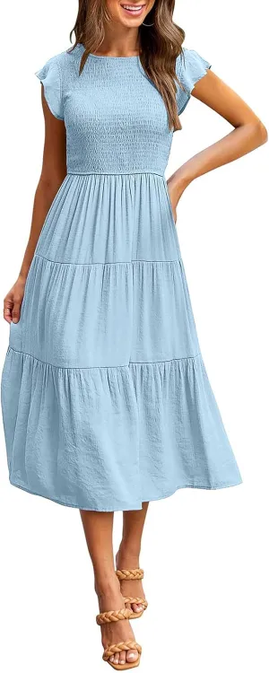 MEROKEETY Women's Flutter Short Sleeve Smocked Midi Dress Summer Casual Tiered A-Line Dress