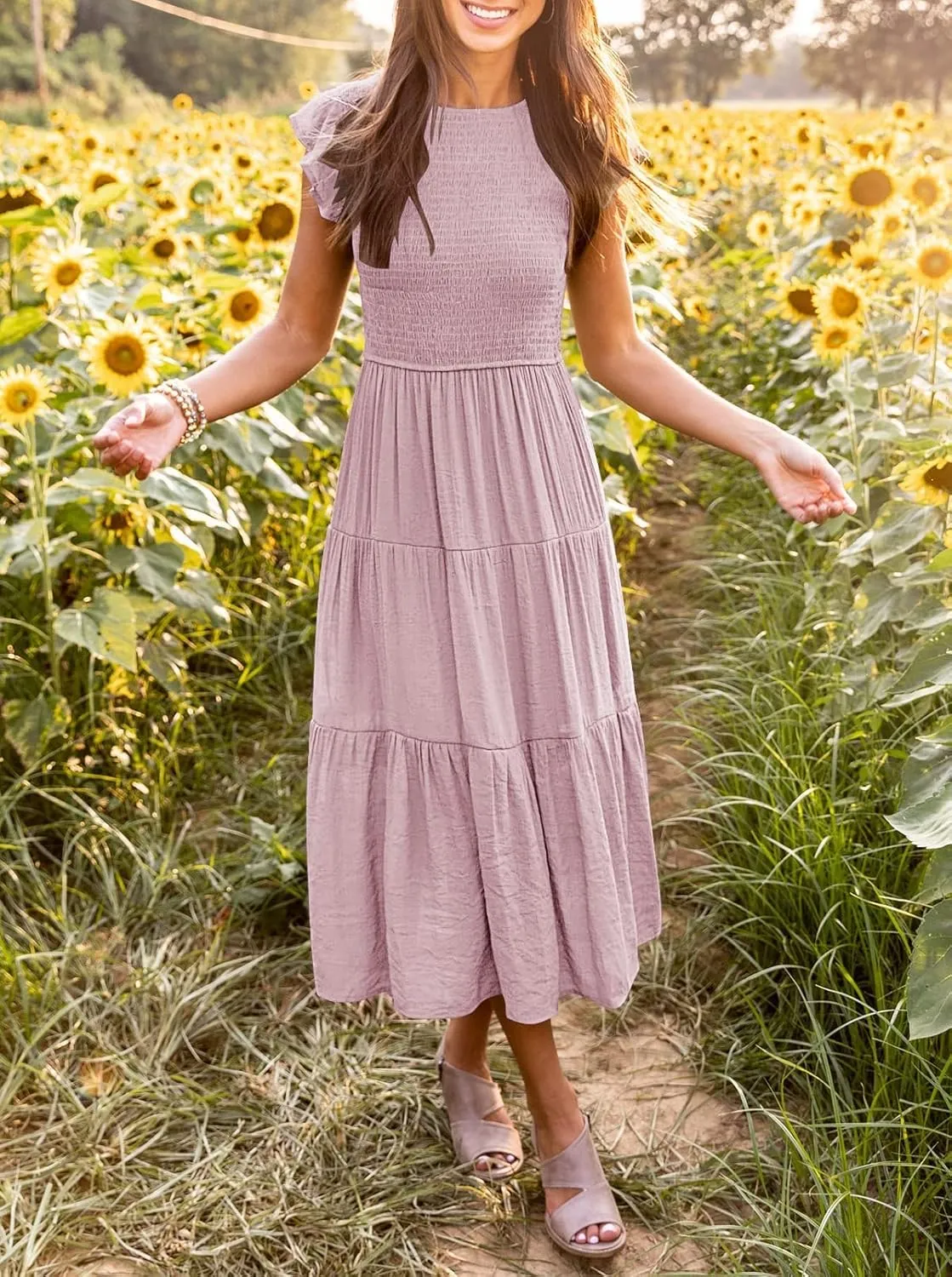MEROKEETY Women's Flutter Short Sleeve Smocked Midi Dress Summer Casual Tiered A-Line Dress
