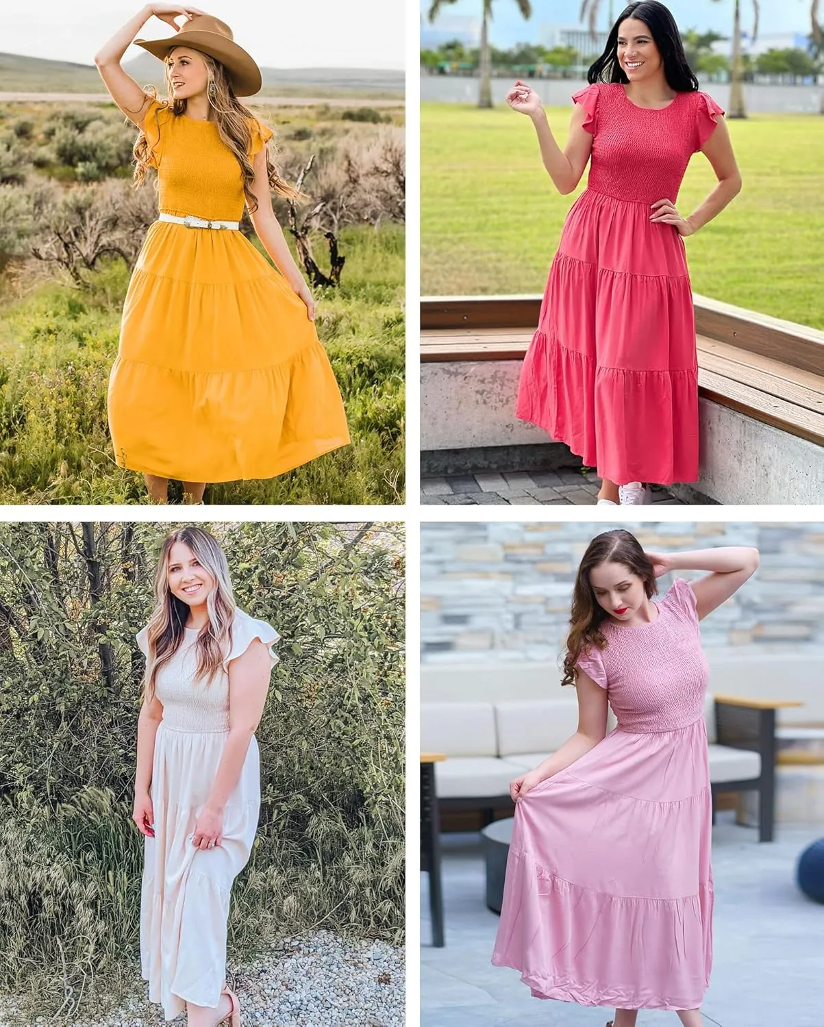 MEROKEETY Women's Flutter Short Sleeve Smocked Midi Dress Summer Casual Tiered A-Line Dress