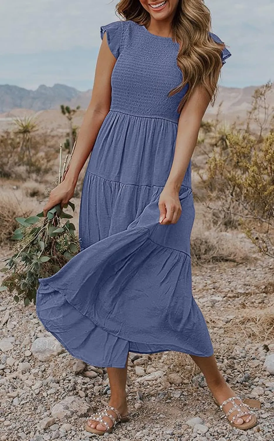 MEROKEETY Women's Flutter Short Sleeve Smocked Midi Dress Summer Casual Tiered A-Line Dress